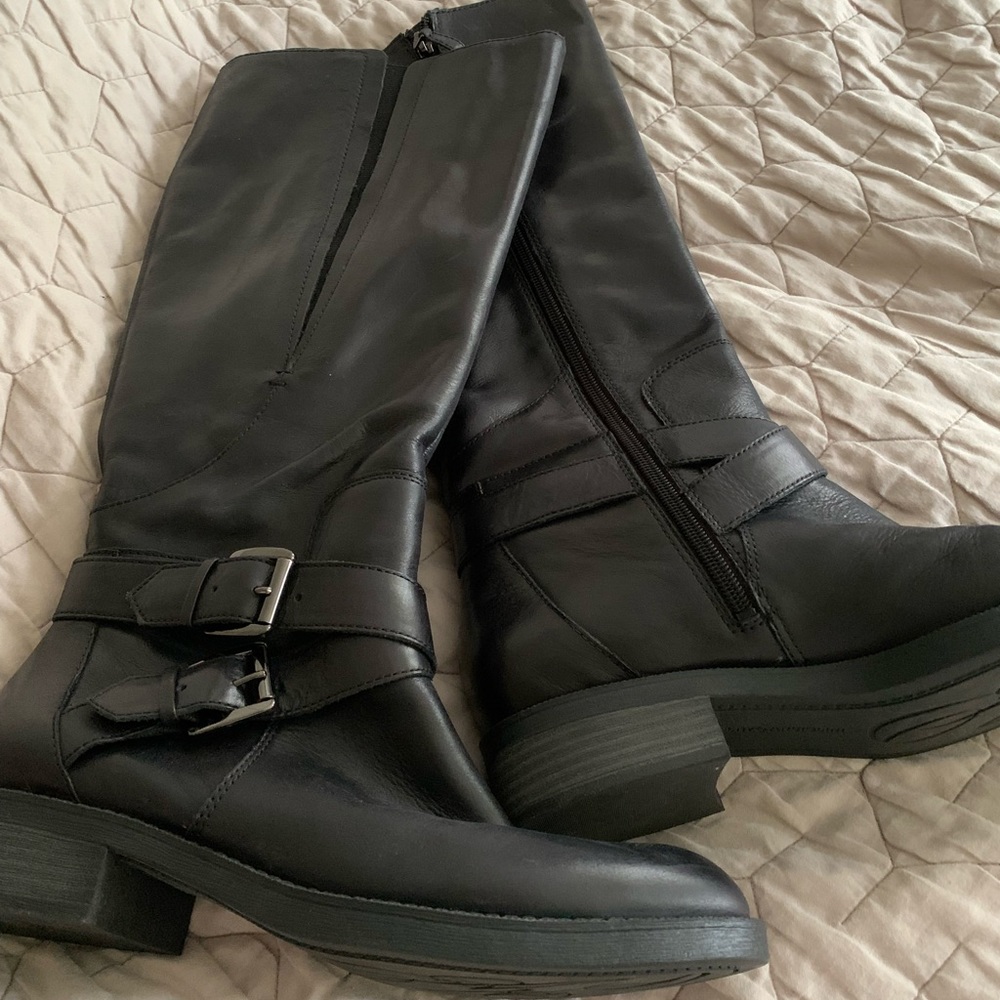 Enzo Angiolini Black Leather Combat Moto Boots WIDE CALF- never worn